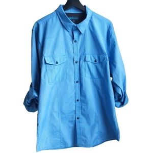 Motorgear Men's Size XL Button Up  Striped Blue Long Roll-up Sleeve Tab Shirt